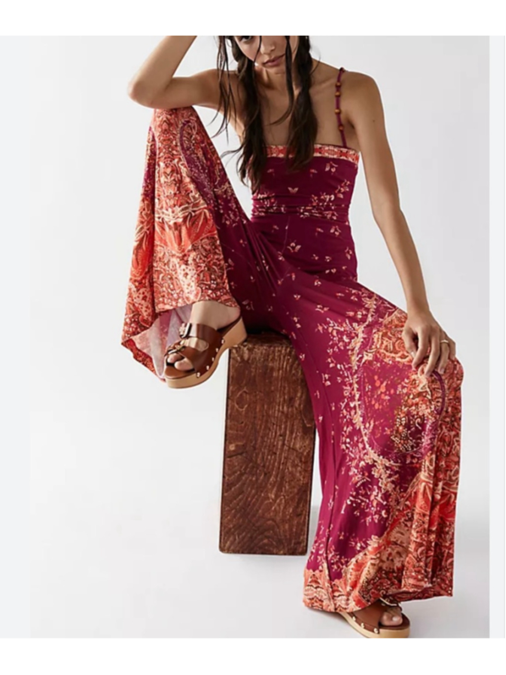 Women's Free People Burgundy Orange Floral Print Jumpsuit XS
